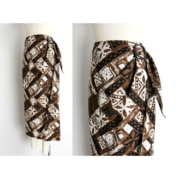 1990s Linen Blend Wrap Skirt Size Small 90s Block Print Vintage Express Skirt - Picture 2 of 8